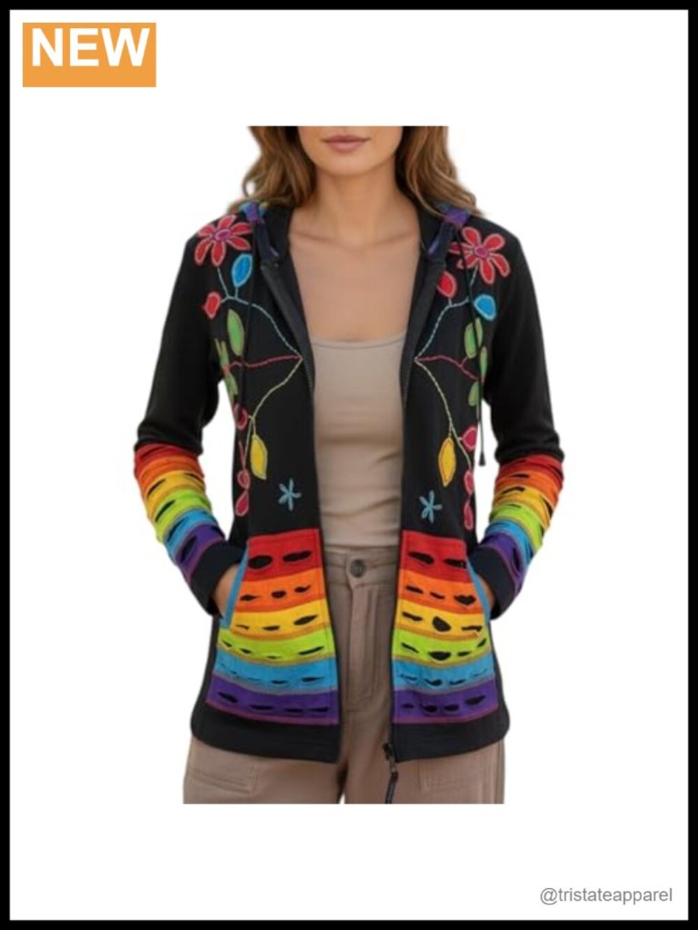 Boho Embroidered Zip Up Hoodie 100% Cotton Womens Festival Jacket